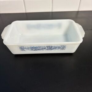 Vintage Glasbake Currier And Ives Baking Dish Pan Blue Farm Scene Loaf Pan EUC